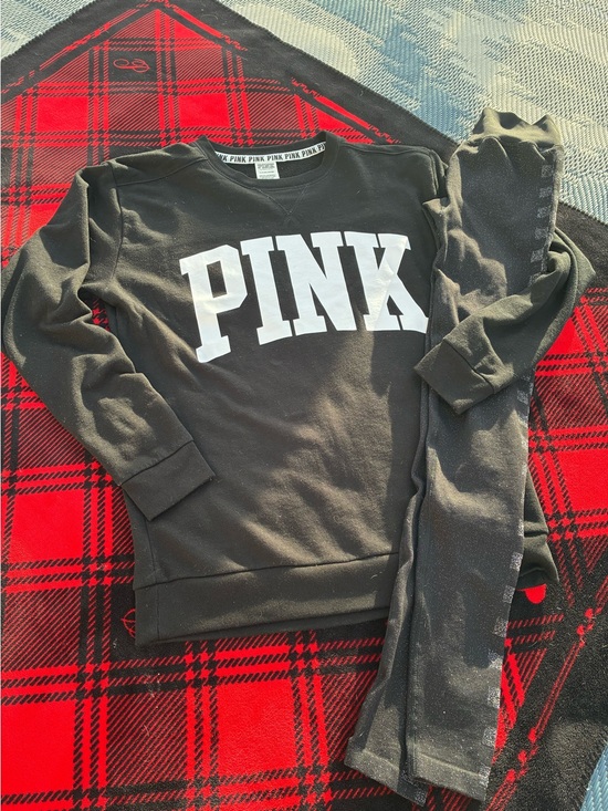 PINK Victoria's Secret Tops - PINK Victoria's Secret Black Crew Sweatshirt with White Logo & PINK Active Leg S